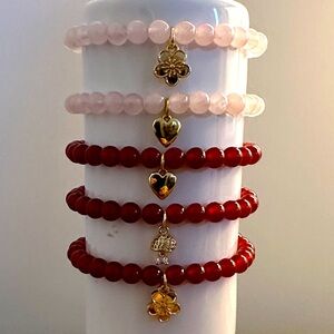~Red Carnelian and Rose Quartz Bracelets. Charms 18 ct Gold Plated 6mm beads